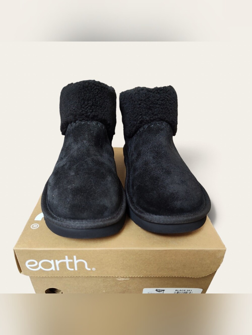 NIB Earth Womens Black Suede Faux-Fur Ankle Boots, 6